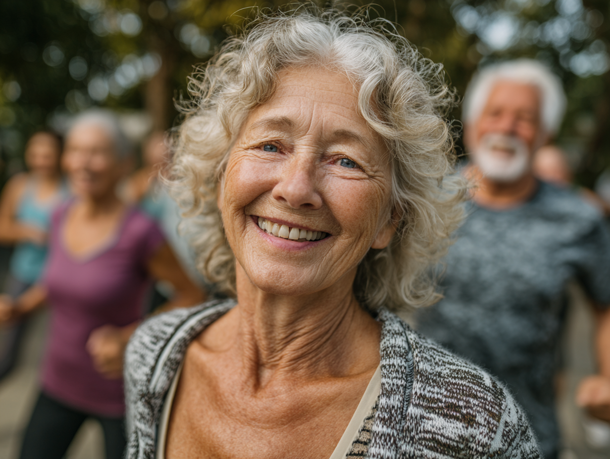 Активни възрастни хора правят упражнения в парк